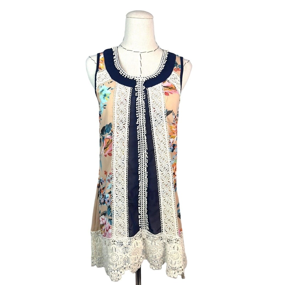 Ryu Floral Lace Trim‎ Sleeveless Boho Dress Women's Size S Navy